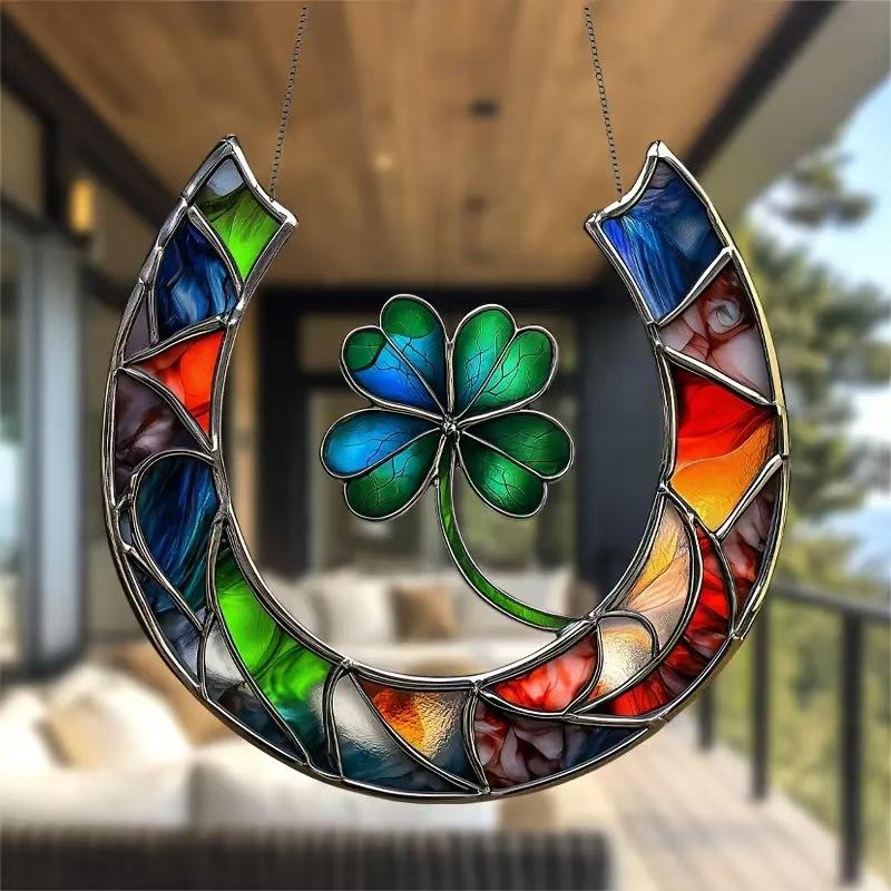 Lucky Horseshoe and Four-Leaf Clover Acrylic Sun Catcher-9.1 Inches X 8.7 Inches Loungewear