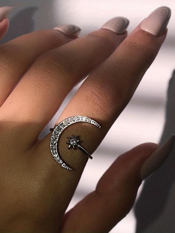 Women's Elegant Rhinestone Decorated Moon & Star Design Ring, Exquisite Trendy Ring for Daily Use, Fashionable Jewelry for Women As Gift for Fall 2024