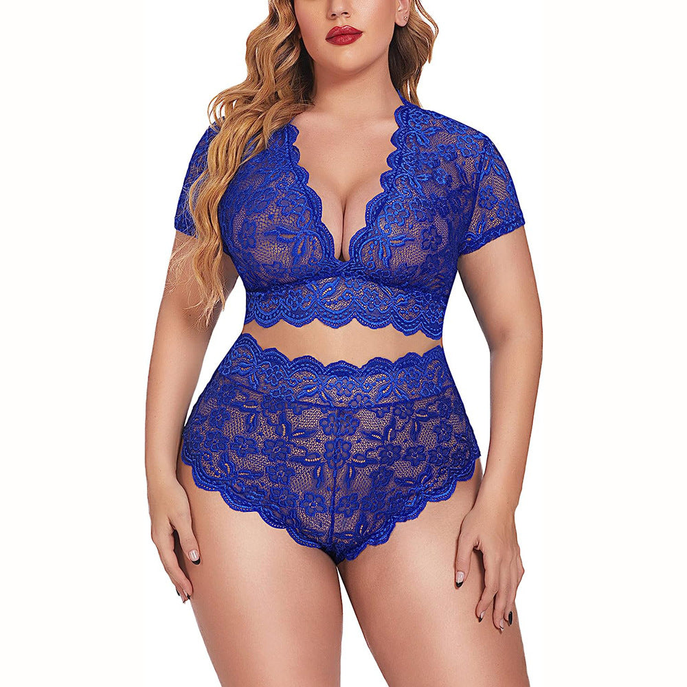 New Arrival Plus Size Sexy Lace Nightwear Set - Ruffle Wave Design, Perfect for a Romantic Night at Home