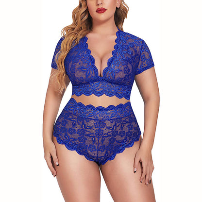 New Arrival Plus Size Sexy Lace Nightwear Set - Ruffle Wave Design, Perfect for a Romantic Night at Home