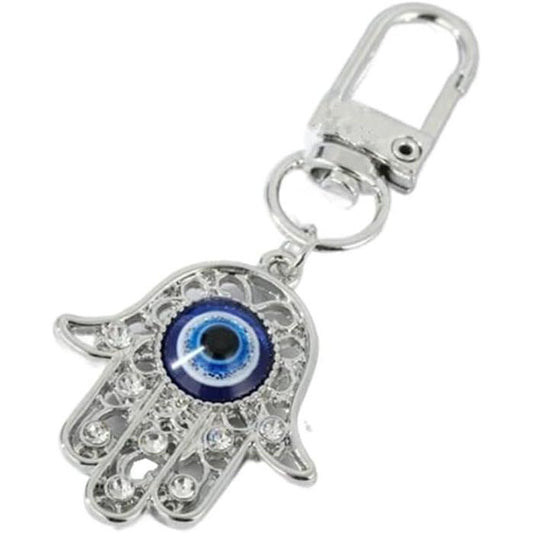 Crystal Evil Eye Hamsa Key Ring Chain, Rhinestones Charm Fatima Hand Keychain for Handbag Purse Pendant with Clip, Car Rearview Mirror Ornament Keyring Jewelry (Silver)