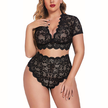 New Arrival Plus Size Sexy Lace Nightwear Set - Ruffle Wave Design, Perfect for a Romantic Night at Home