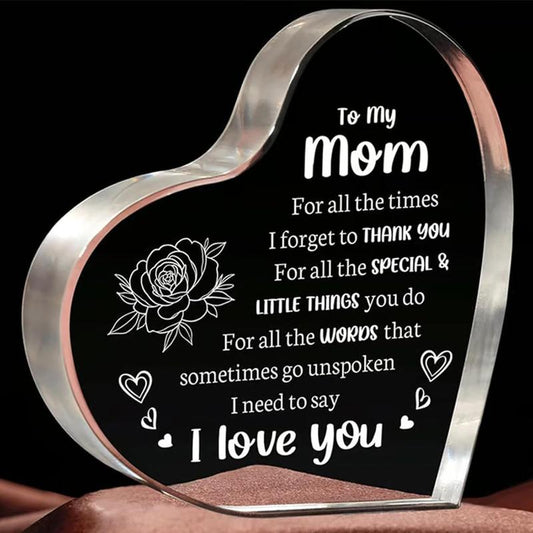 Heart Shaped Acrylic Block, Flower & Letter Pattern Decorative Ornament, Inspirational Creative Gift for Mom