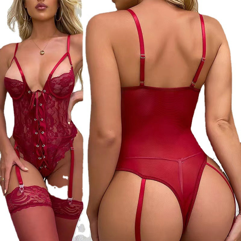 Lace Strap Bodysuit with Suspender - Sexy and Tempting Vest for Women