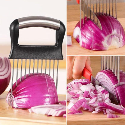 Upgraded Onion Holder for Slicing, New Stainless Steel Onion Slice Holder Lemon Slicer Vegetable Cutter, Kitchen Chopper Slicing Assistant Tool for Meat, Onion, Potato, Tomato (1 Pack)