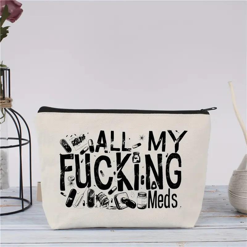 All My Meds Letter Pattern Makeup Bag, 1pcs Reusable Zipper Makeup Bag, Travel and Makeup Pill Storage Bag, Perfect for Gifts To Women