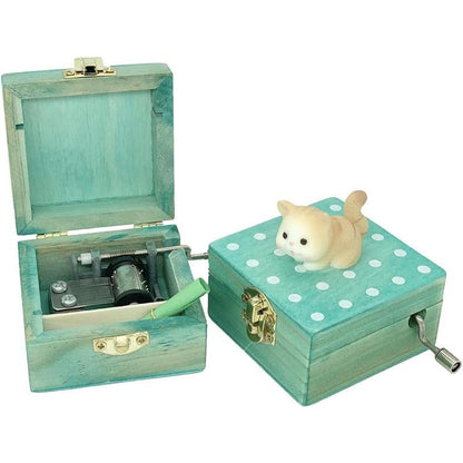 Gift Wrapped Mini Wooden Hand Crank Music Box with Lovely Cat (Tune: Castle in The Sky) (Brownish Yellow)