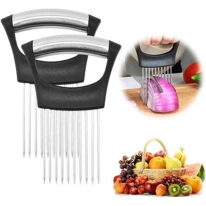 Upgraded Onion Holder for Slicing, New Stainless Steel Onion Slice Holder Lemon Slicer Vegetable Cutter, Kitchen Chopper Slicing Assistant Tool for Meat, Onion, Potato, Tomato (1 Pack)