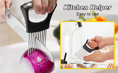 Upgraded Onion Holder for Slicing, New Stainless Steel Onion Slice Holder Lemon Slicer Vegetable Cutter, Kitchen Chopper Slicing Assistant Tool for Meat, Onion, Potato, Tomato (1 Pack)