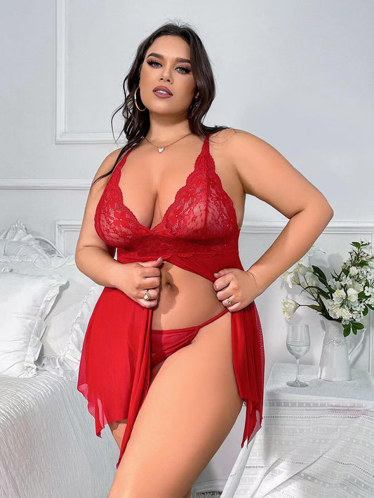 RoseVixEve-European and American Erotic Underwear Sexy Plus Size Mesh Halterneck Nightdress Manufacturers Wholesale Dropshipping