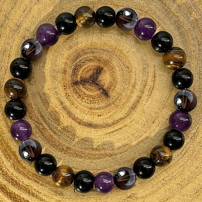 Natural Tiger Eye & Amethyst Beaded Bracelet - Stylish Elastic Gemstone Jewelry for Men and Women, Perfect Gift