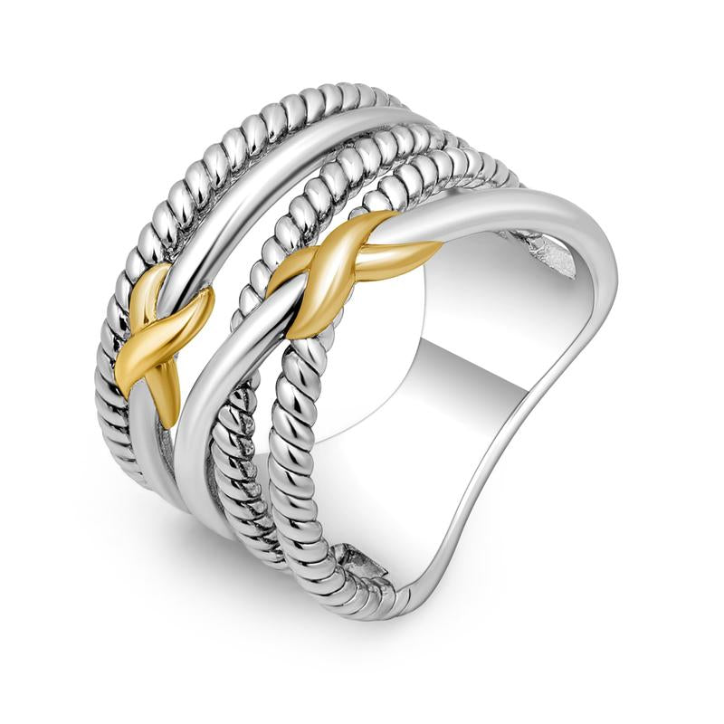 14K Gold-plated 2 Tone Hollow Crossover Statement Ring Geometric Fashion Chunky Band Rings for Men Women Vintage Wide Gift Rings