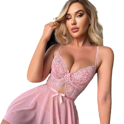 Pink Sheer Mesh Lace Chemise Sexy Nightgown - Seductive Lingerie for Women, Romantic Gift for Couples, Valentine's Day Special