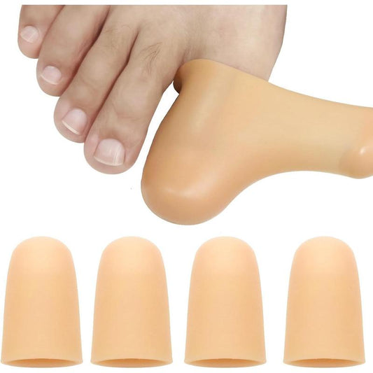 4 Pack Gel Toe Cap and Protector for Small Toe - Cushions and Protects, Toe Covers for Women & Men, Provides Relief from Missing or Ingrown Toenails, Corns, Blisters, Hammer Toes (Small, Beige)