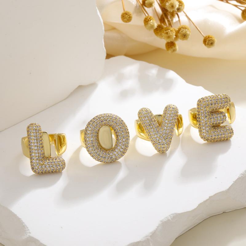 Bubble cute plump letter ring, elegant girl's first choice, fluffy name personalized fashion accessories, daily wear for parties and beaches, beautiful birthday Present, inlaid zircon sparkling girlfriend  Present Hypoallergenic Moissanite Bubble Letter