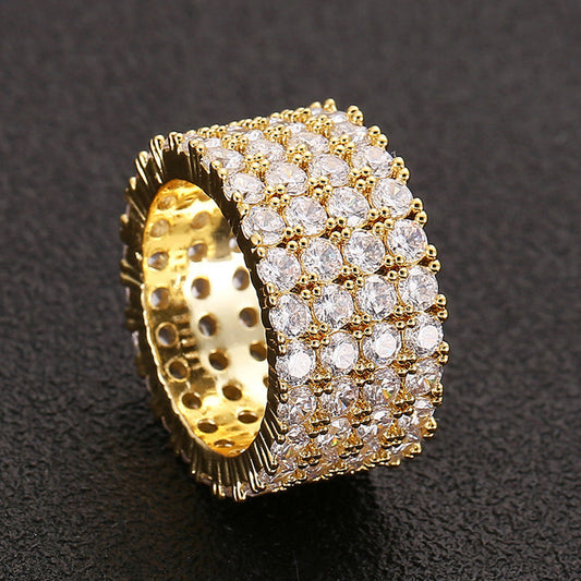 Fashion Copper Micro Paved Zircon Ring Men's Hip Hop Ring Four Rows Diamond Ring