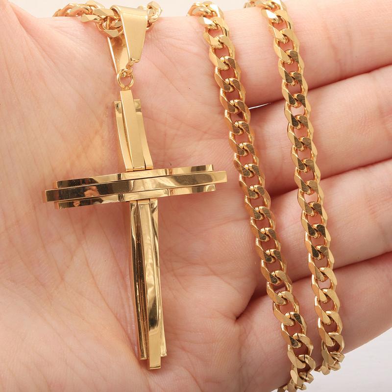 Cross Pendant Necklace for Men Women Stainless Steel Curb Cuban Link Chain Black Gold Color Silver Color Gift Jewelry