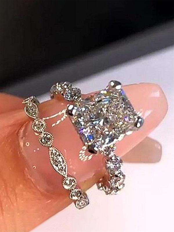 Women's Elegant Rhinestone Decorated Rings, 2pcs/set Fashion Gorgeous Rings for Wedding Party, Engagement Gift for Women