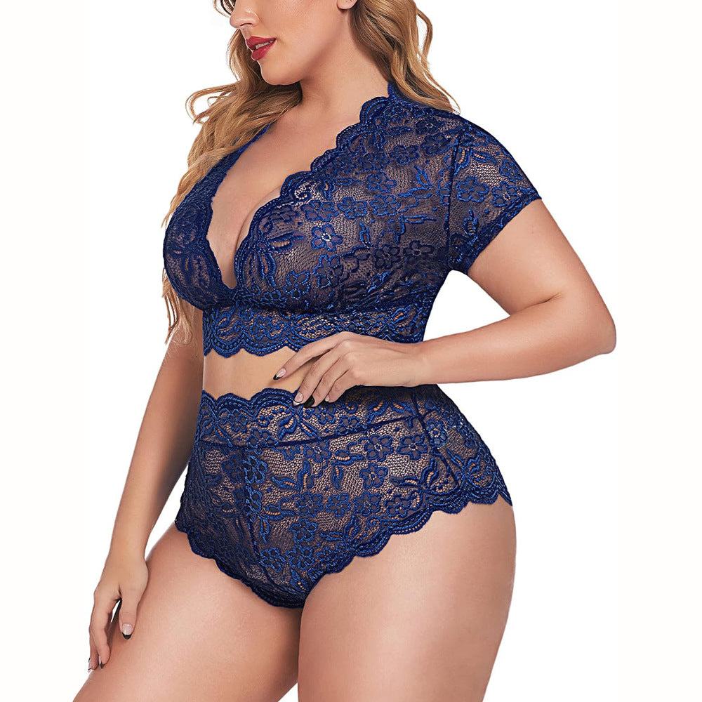 New Arrival Plus Size Sexy Lace Nightwear Set - Ruffle Wave Design, Perfect for a Romantic Night at Home