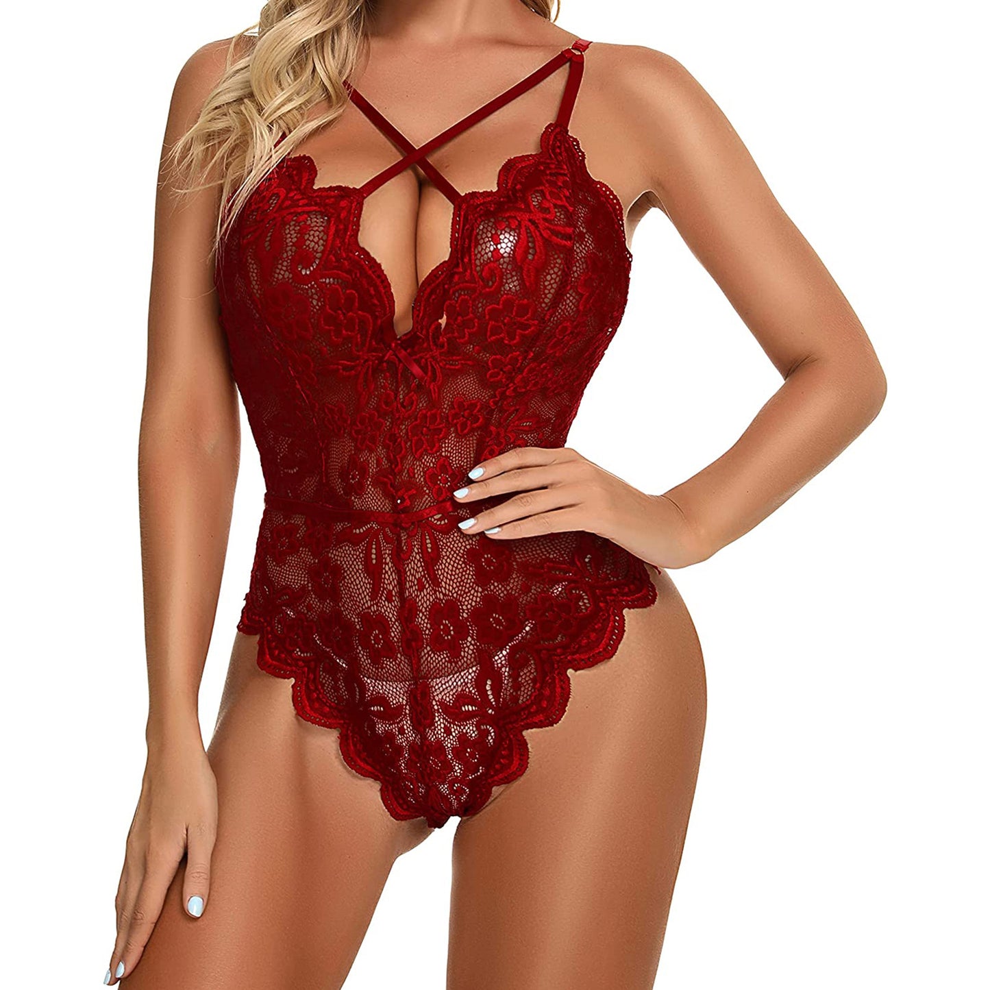 2025 New Arrival Sexy Women's Lace Thigh-Slit Romper Nightie with Backless Sheer Design |   Perfect for Date Night