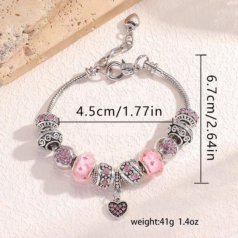 Pink Heart-Shaped Pendant Bracelet Set - Exquisite Jewelry Gift with Delicate bead, Dazzling Pendant, and Adjustable Serpentine Chain for Women - Perfect Valentine's Day Gift Idea