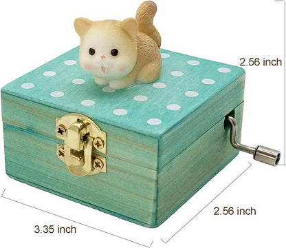 Gift Wrapped Mini Wooden Hand Crank Music Box with Lovely Cat (Tune: Castle in The Sky) (Brownish Yellow)