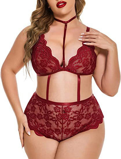 Plus Size Lace Halter Bodysuit for Women - Sexy Lingerie, Sheer Mesh, Perfect for Curvy Women & Couples