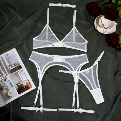 New Arrival Sexy Netted Bra Set with Bow and No-Underwire - 5-Piece with Cape for Women |   Perfect for Date Night