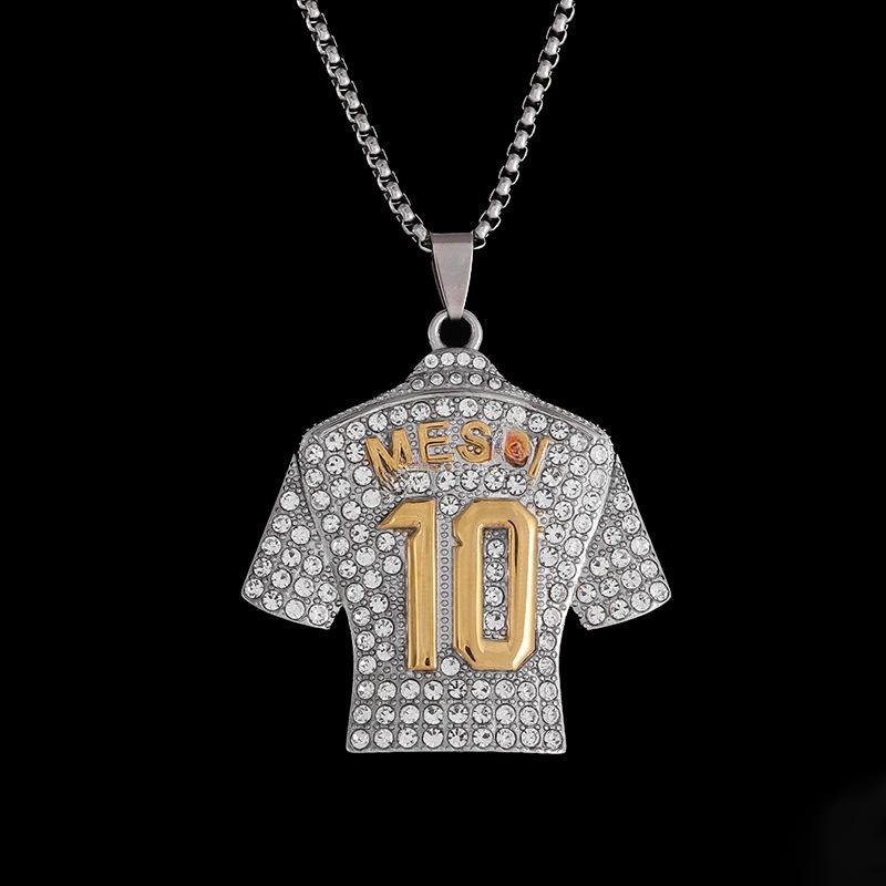 Titanium Steel Iced-Out Messi #10 Jersey Pendant Necklace – Gold & Silver Plated Football-Inspired Hip Hop Jewelry for Men