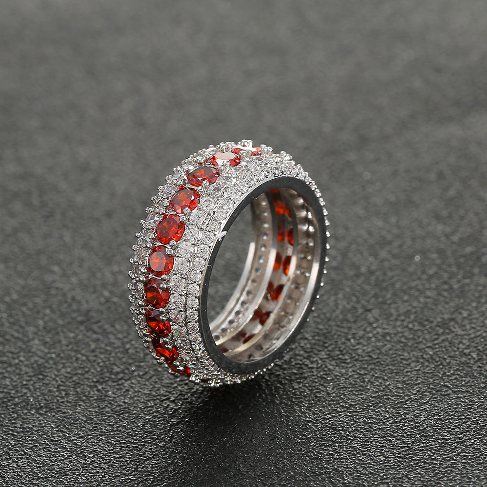 Hip-Hop Ring Micro-Inlaid Personality Red Five-Row Full Zircon Men's Ring Accessory