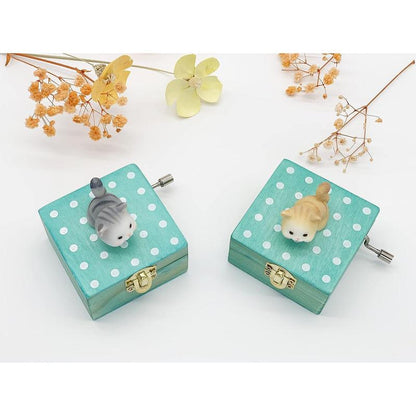 Gift Wrapped Mini Wooden Hand Crank Music Box with Lovely Cat (Tune: Castle in The Sky) (Brownish Yellow)