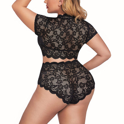 New Arrival Plus Size Sexy Lace Nightwear Set - Ruffle Wave Design, Perfect for a Romantic Night at Home