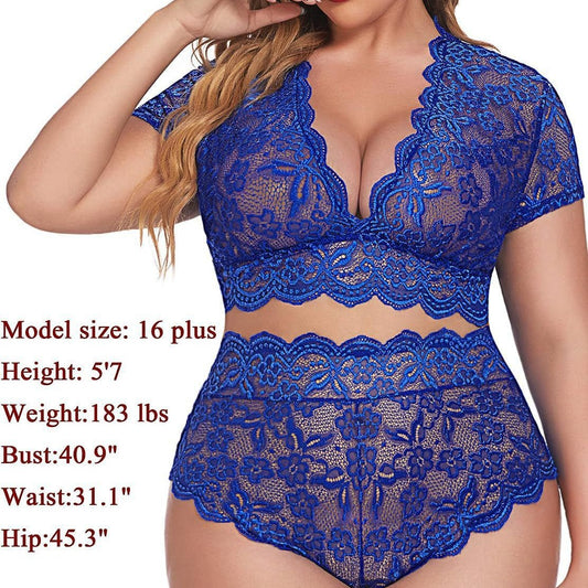 New Arrival Plus Size Sexy Lace Nightwear Set - Ruffle Wave Design, Perfect for a Romantic Night at Home