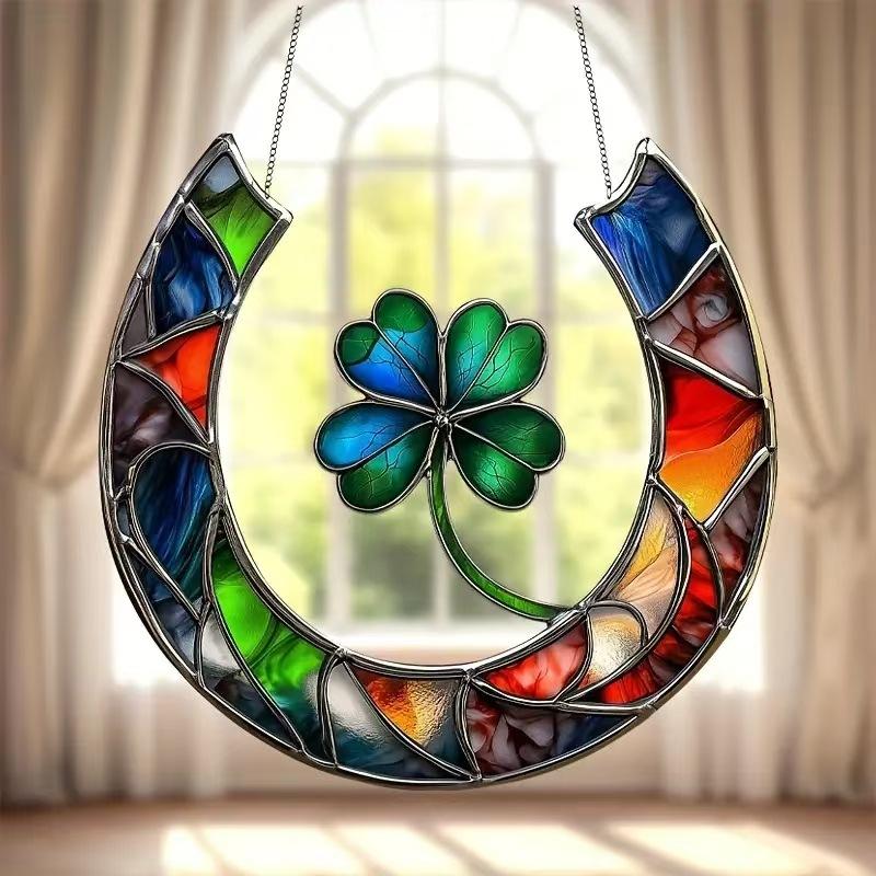 Lucky Horseshoe and Four-Leaf Clover Acrylic Sun Catcher-9.1 Inches X 8.7 Inches Loungewear