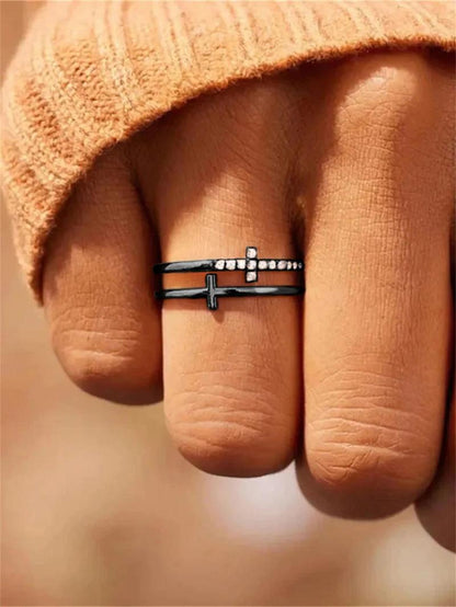 Rhinestone Decor Cross Design Double Layered Ring, Fall Fashion Jewelry Accessories for Women & Girls, Matching Jewelry