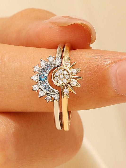 Vintage Sun & Moon Design Rhinestone Decorated Ring (2pcs/set), Fashion Accessories for Women & Men, Trendy All-match & Exquisite Jewelry for Birthday Gift