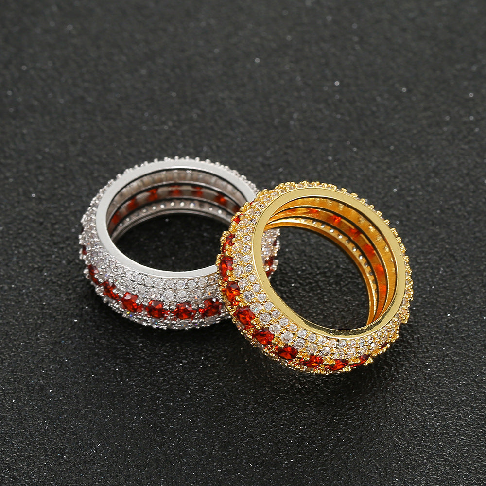 Hip-Hop Ring Micro-Inlaid Personality Red Five-Row Full Zircon Men's Ring Accessory