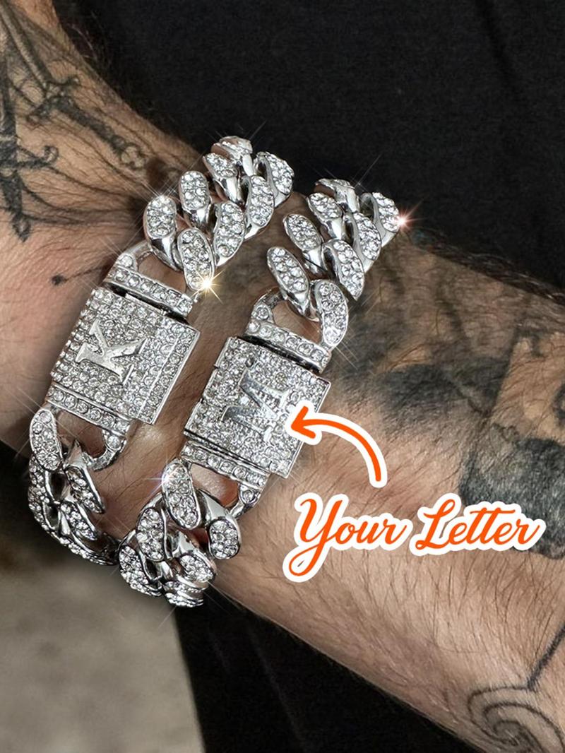 Letter Design Cuban Link Bracelet, Rhinestone Initial Letter Name Bracelet, Summer Hip Hop Matching Jewelry for Men Women, Streetwear Accessory for Boyfriend Fall