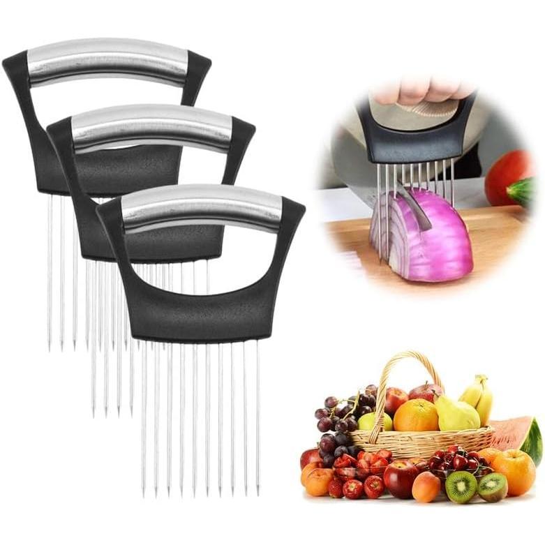 Upgraded Onion Holder for Slicing, New Stainless Steel Onion Slice Holder Lemon Slicer Vegetable Cutter, Kitchen Chopper Slicing Assistant Tool for Meat, Onion, Potato, Tomato (1 Pack)