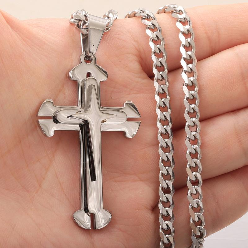 Cross Pendant Necklace for Men Women Stainless Steel Curb Cuban Link Chain Black Gold Color Silver Color Gift Jewelry