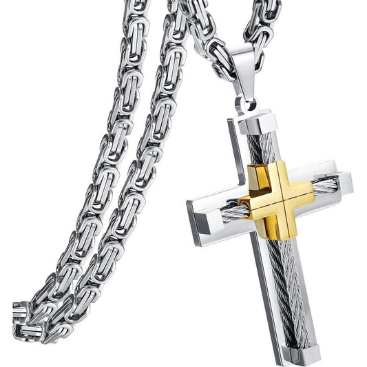 Stainless Steel Large Cross Chain Silver/Gold/Black Cross Pendant Byzantine Chain Necklace Cross Necklace for Men ,24" Daily