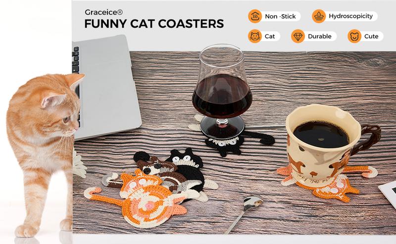 Drink Coaster | Cat Gifts for Cat Lovers,Fun Woven Creative Coasters,Cute Coffee Coaster for Home Decor Tabletop Protection Suitable for Kinds Cups