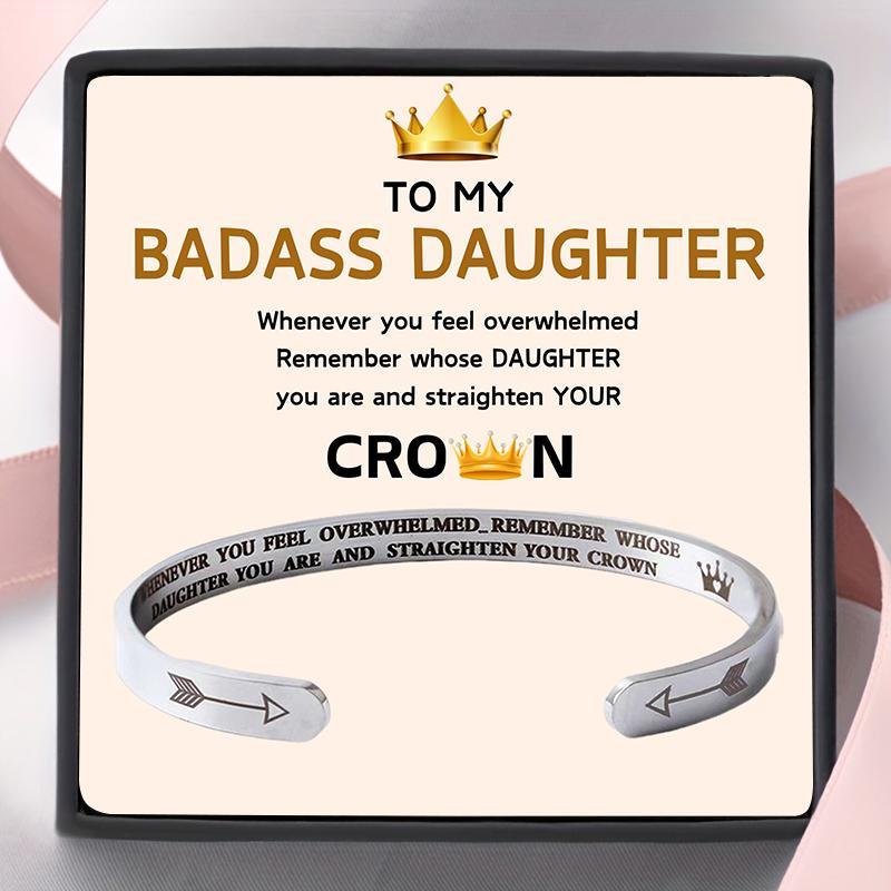 Stainless Steel Cuff Bangle with Gift Card & Gift Box, 1 Set Badass Daughter Themed Open Cuff Bangle, Birthday Gift for Daughter, Christmas Gift