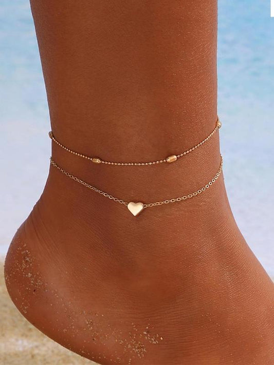 Women's Heart Decorated Double Layered Anklet, Simple Heart Shaped Holiday Beach Style Multilayer Anklet, Fashion All-match Body Jewelry for Women for Gift