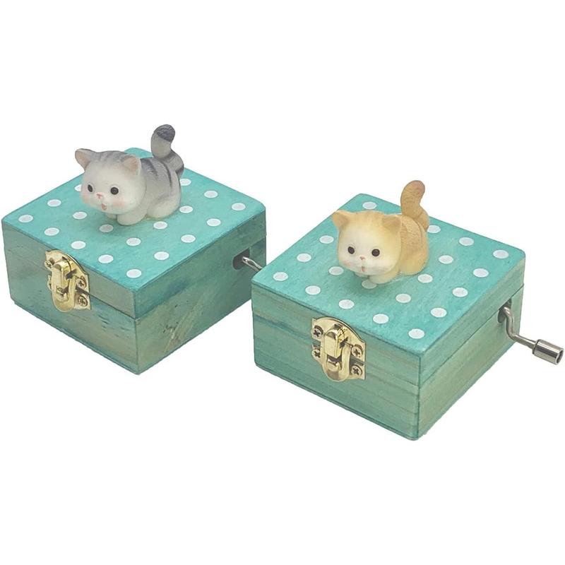 Gift Wrapped Mini Wooden Hand Crank Music Box with Lovely Cat (Tune: Castle in The Sky) (Brownish Yellow)