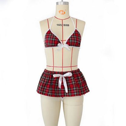 Sexy Plaid Three-Piece Set with Off-Shoulder Strap Design |   Women's Lingerie |   Trendy Nightwear