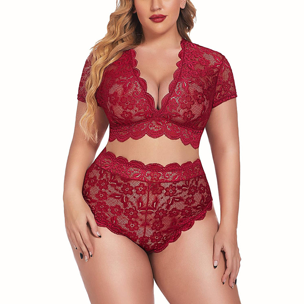 New Arrival Plus Size Sexy Lace Nightwear Set - Ruffle Wave Design, Perfect for a Romantic Night at Home