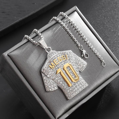 Titanium Steel Iced-Out Messi #10 Jersey Pendant Necklace – Gold & Silver Plated Football-Inspired Hip Hop Jewelry for Men