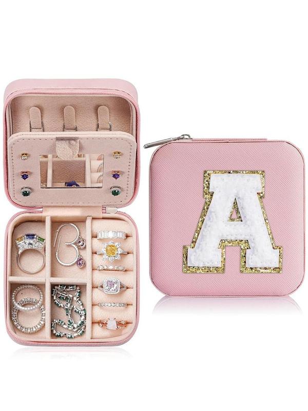 Portable Jewelry Box with Mirror for Gift, Summer Stylish Sequin Decorated Letter Pattern Jewelry Organizer Waterproof Velvet