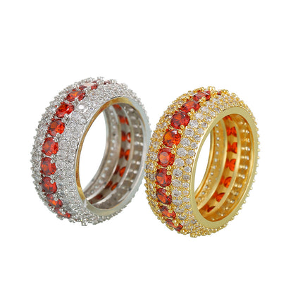 Hip-Hop Ring Micro-Inlaid Personality Red Five-Row Full Zircon Men's Ring Accessory